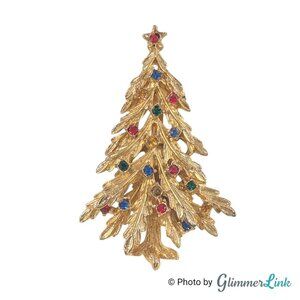 Vintage Gold Tone Multicolor Rhinestone Christmas Tree Brooch 1960s Holiday Pin
